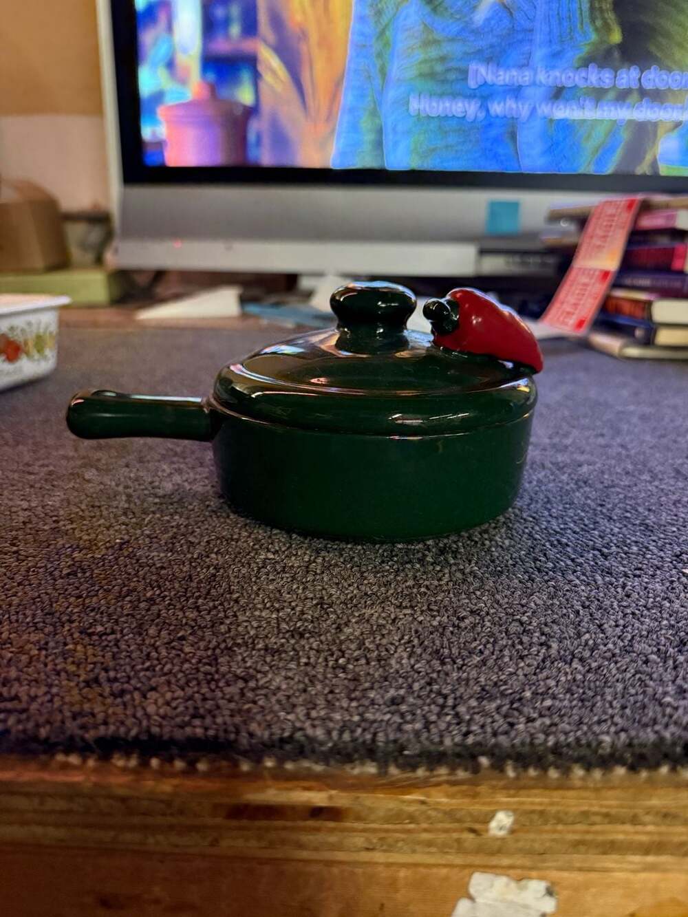Vintage Ceramic Green Glaze Lidded Chili Bowl with Handle and Red Pepper
